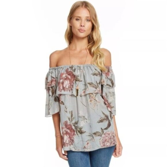 NEW Chaser‎ Heirloom Floral Gauze Off-The-Shoulder Elbow Sleeve Blouse, Size L - Picture 1 of 15